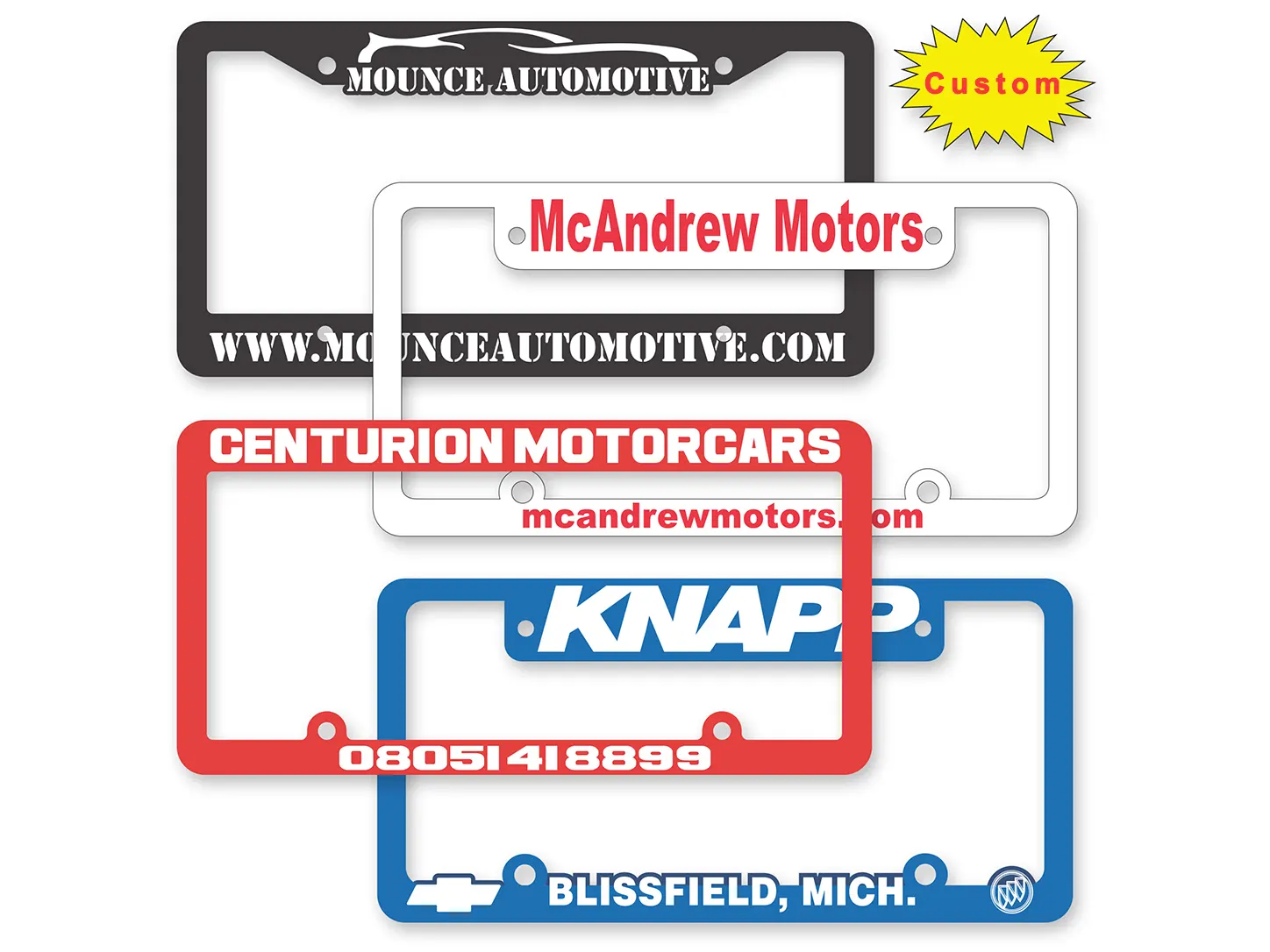 Examples of custom branded license plate frames in multiple colors and finishes